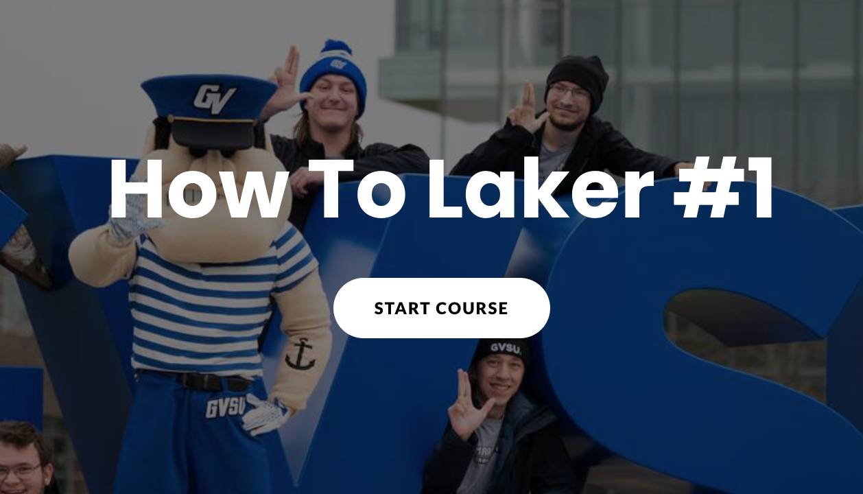 Louie and students giving anchor up signs standing in front of the big blue GVSU letters on the Allendale GVSU campus. Module #1